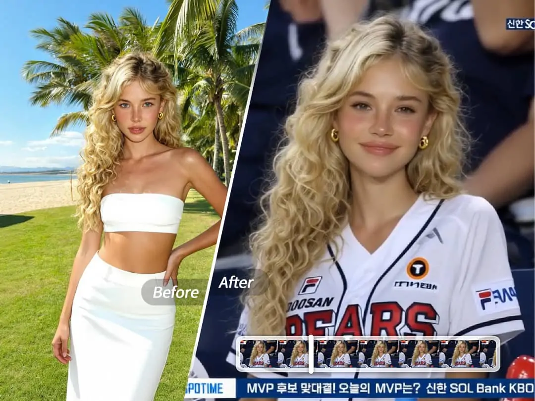 Viene visualizzato l'effetto su grande schermo di una partita di baseball e un singolo ritratto viene sintetizzato sul grande schermo dello stadio.