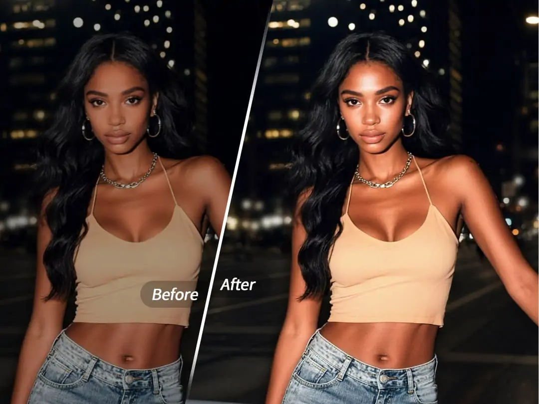 Comparación antes y después del efecto AI Flash en un retrato nocturno