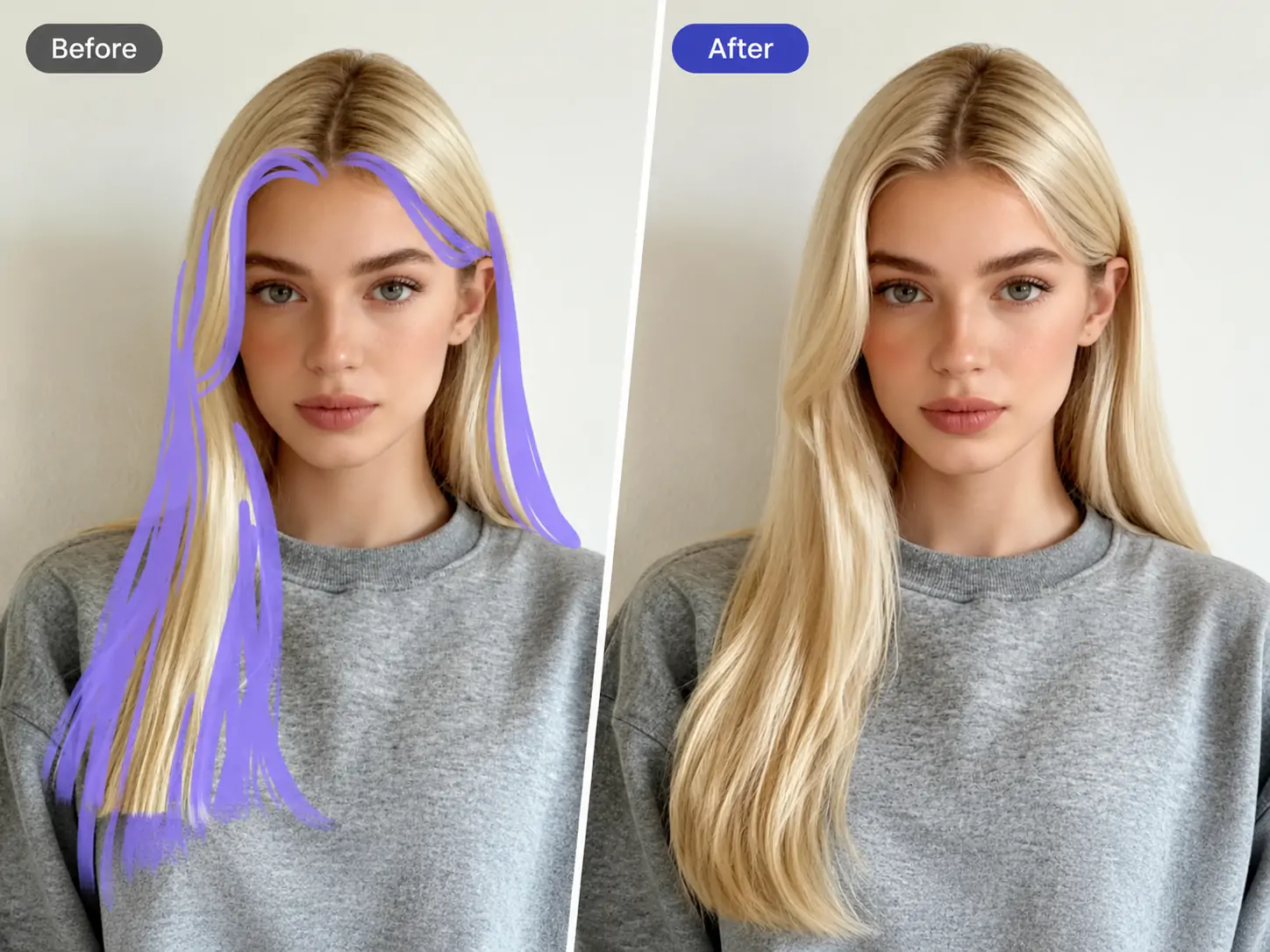 Confronto tra le immagini prima e dopo della funzione dei capelli AI, che mostra la differenza nei diversi effetti dei capelli