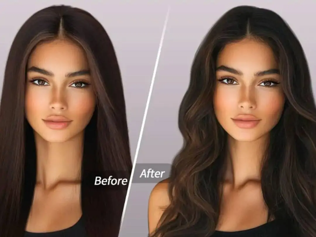 Confronto delle immagini prima e dopo della funzione dell'acconciatura AI, che mostra i diversi effetti del cambio di acconciatura, frangia e colore dei capelli