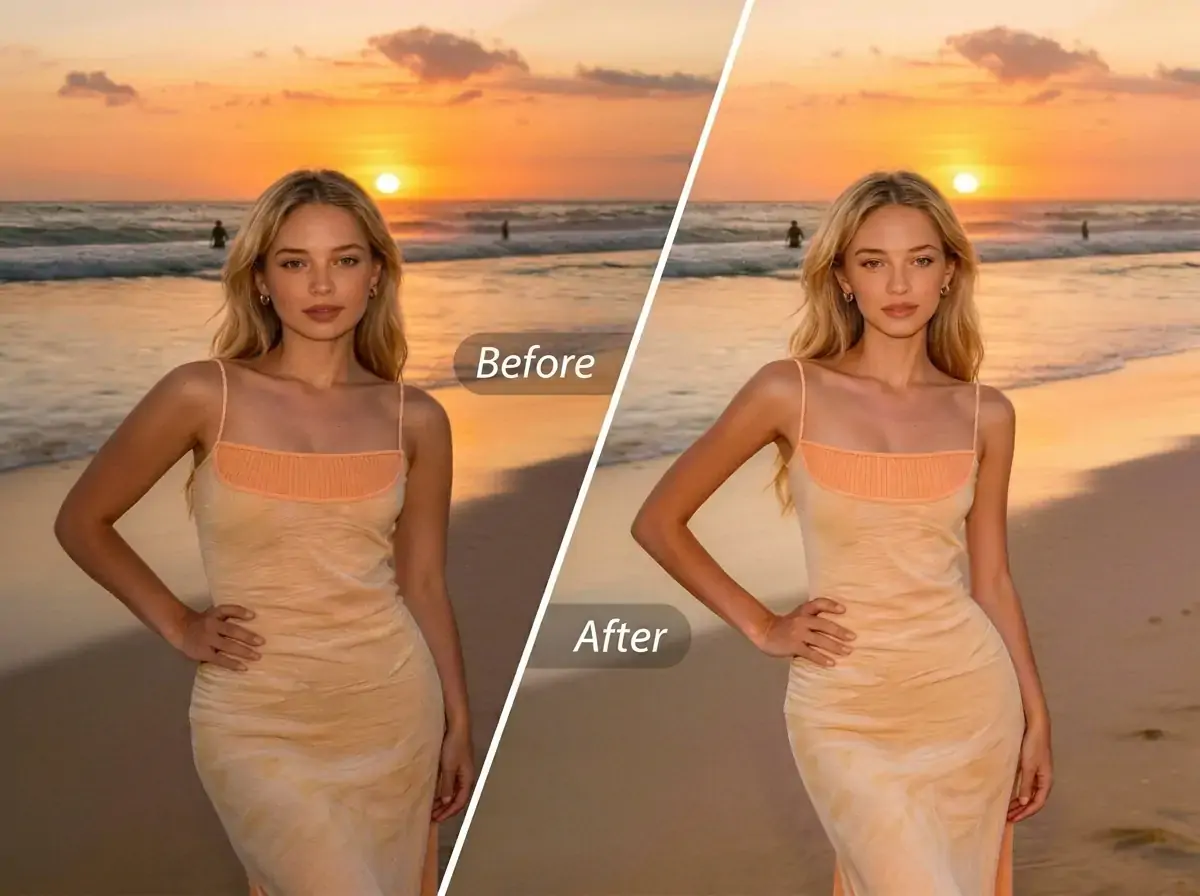 Immagini di confronto prima e dopo della funzione di modellazione corporea AI, che mostrano diversi effetti di modellazione del corpo nelle foto con abbigliamento estivo