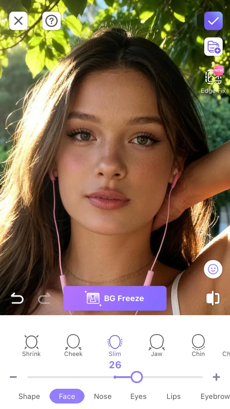 Interfaccia slider intensità di Face Shaping