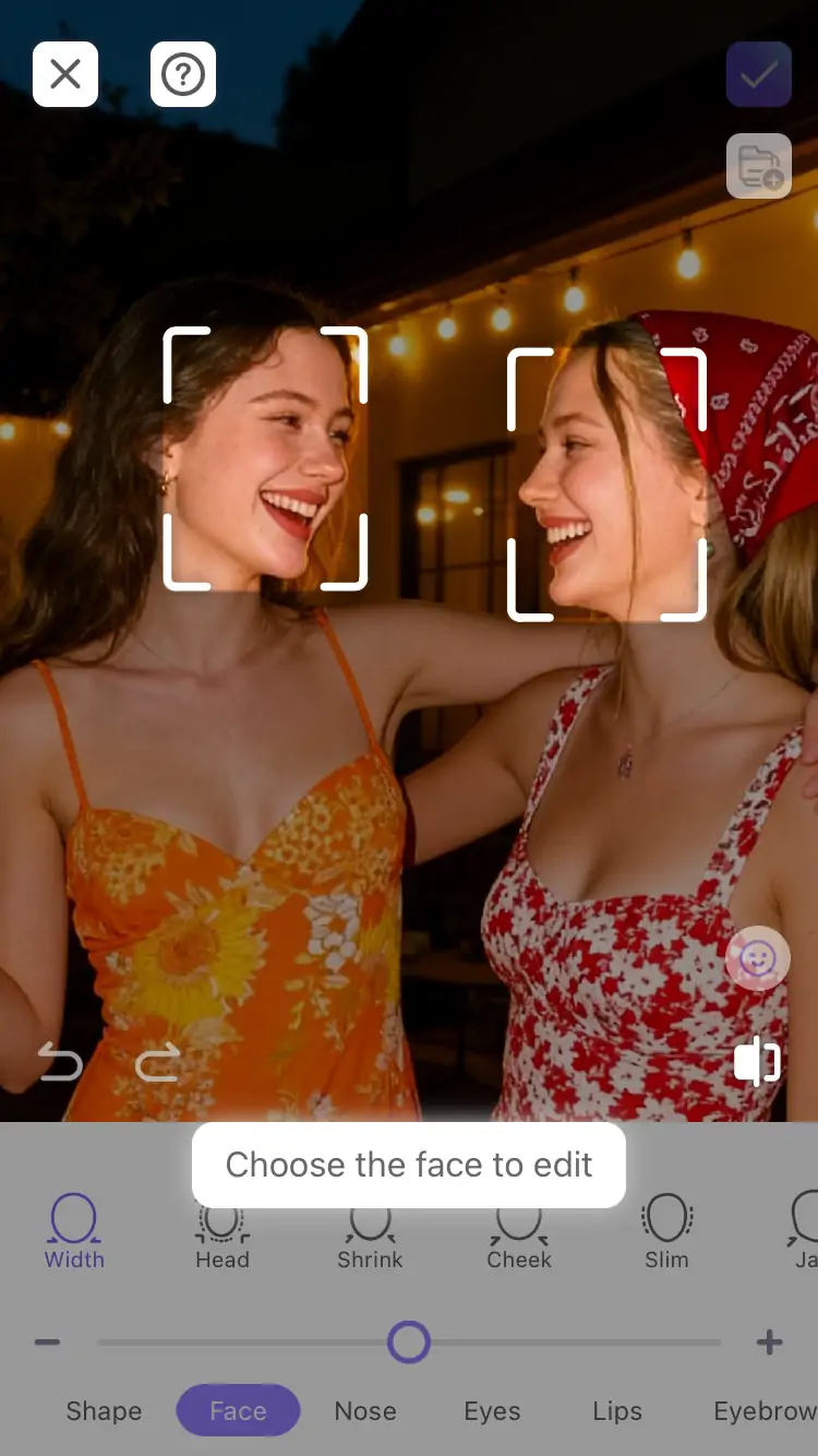 Interfaccia anteprima Face Shaping per più volti e video