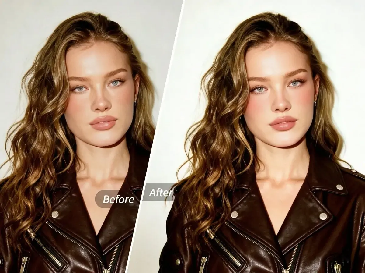 Comparaison avant-apres de la Beaute IA montrant un effet de peau naturel et affine