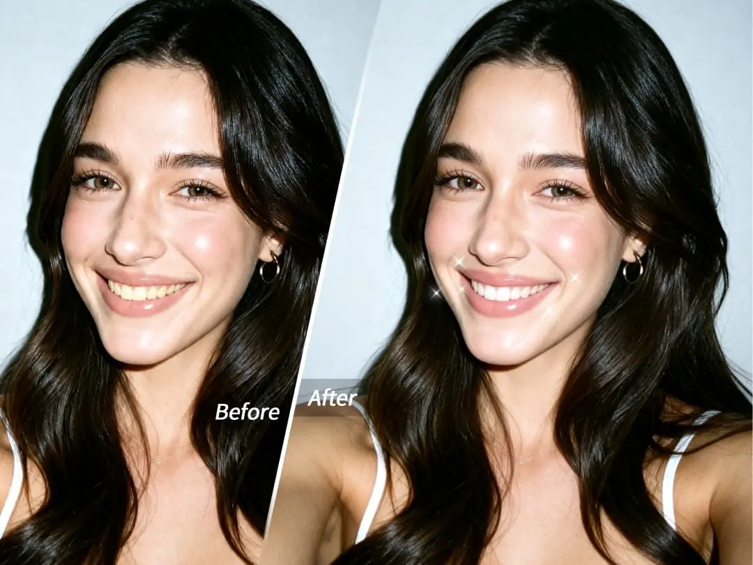 Ejemplo de la función de blanqueamiento dental iluminando una sonrisa de forma natural