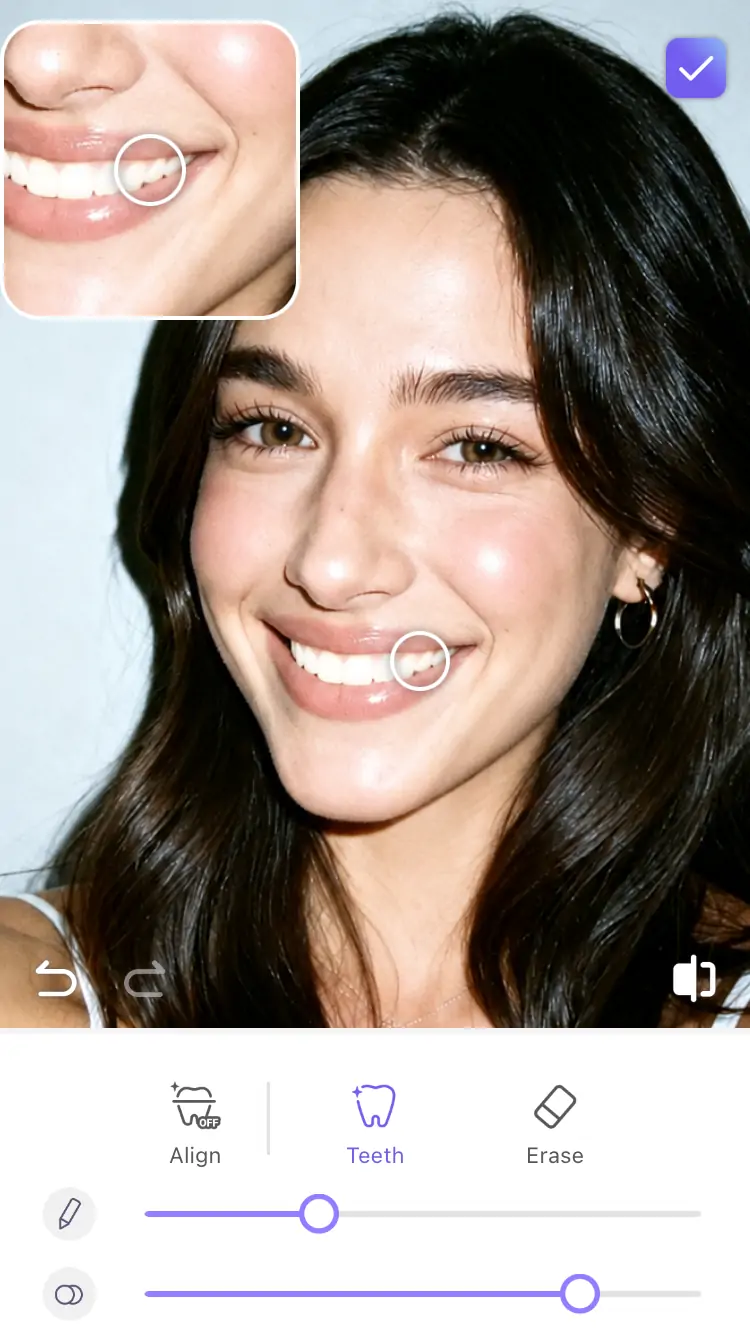 Captura de tela da interface de pincel, borracha e ferramenta de desfazer do clareamento dental do PrettyUp